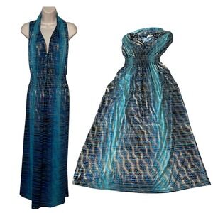 Seven Islands women's Maxi Dress Size M Blue metallic Gold Sleeveless Halter NEW